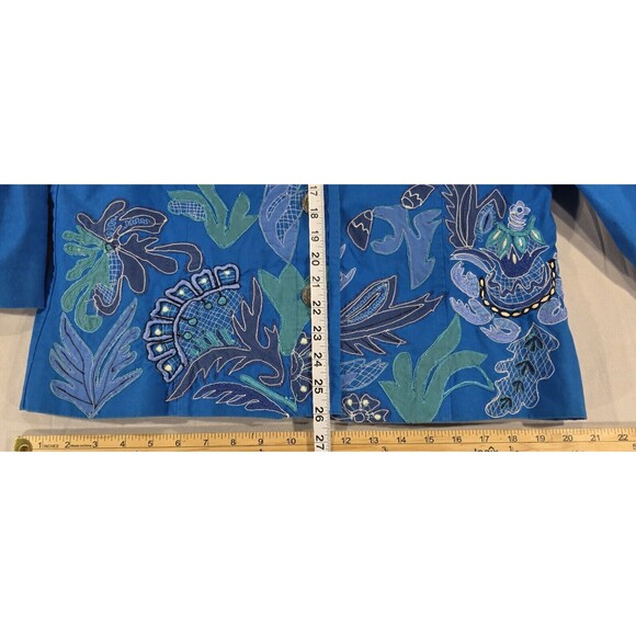 Chico’s Applique Jacket Ocean Blue Cotton Embroidered Lined Artsy Womens 2 Large - Picture 11 of 12